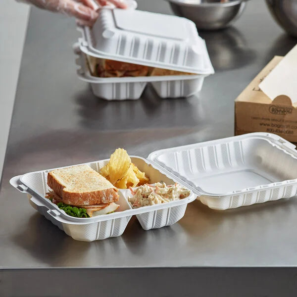 Ecopax 8" x 8" 3-Compartment Microwaveable Mineral-Filled Plastic Hinged Take-Out Container - 150/Case
