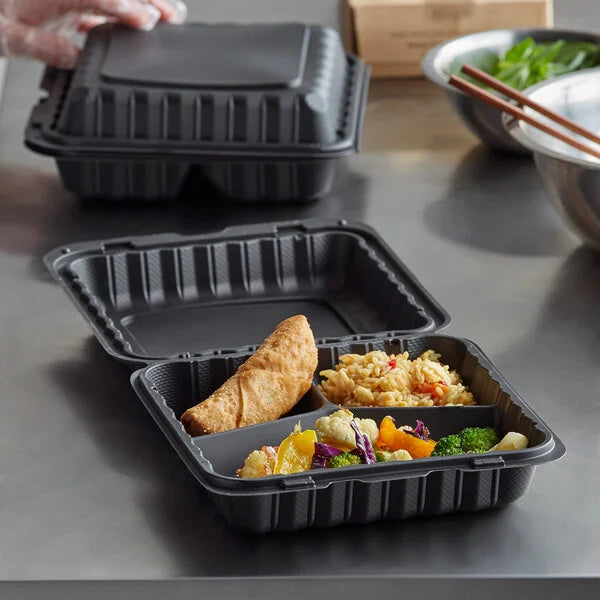 Ecopax 9" x 9" 3-Compartment Microwaveable Mineral-Filled Plastic Hinged Take-Out Container - 150/Case