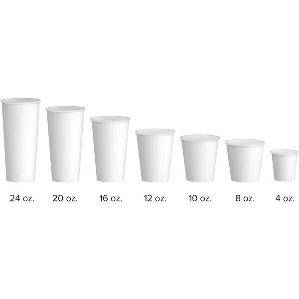 Paper Coffee Cups - Disposable White Hot Cups 4/8/10/12/16/20/24oz 1,000/Case