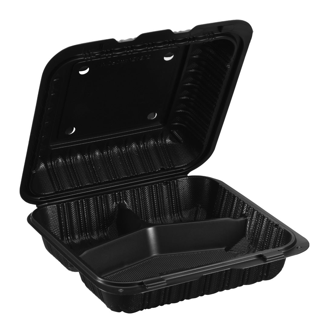 8" x 8" 3-Compartment Ventilated Microwaveable Mineral-Filled Plastic Hinged Take-Out Container - 150/Case