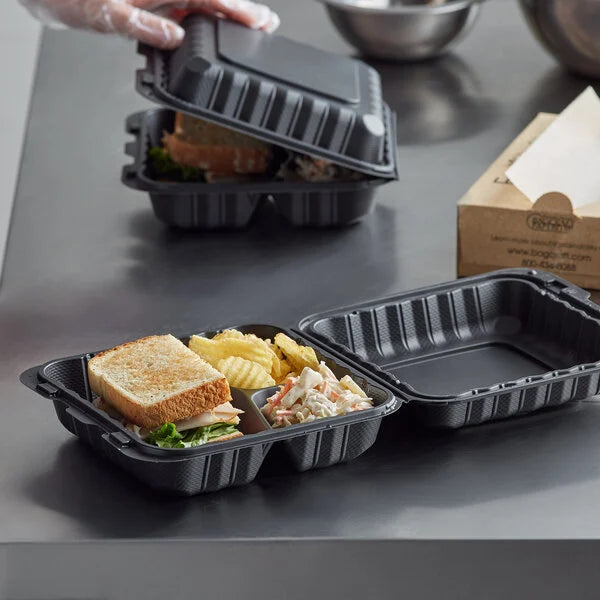 Ecopax 8" x 8" 3-Compartment Microwaveable Mineral-Filled Plastic Hinged Take-Out Container - 150/Case