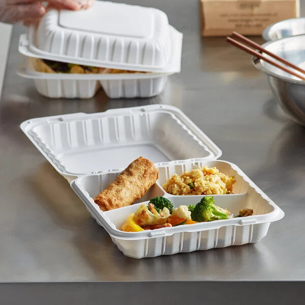 Ecopax 9" x 9" 3-Compartment Microwaveable Mineral-Filled Plastic Hinged Take-Out Container - 150/Case