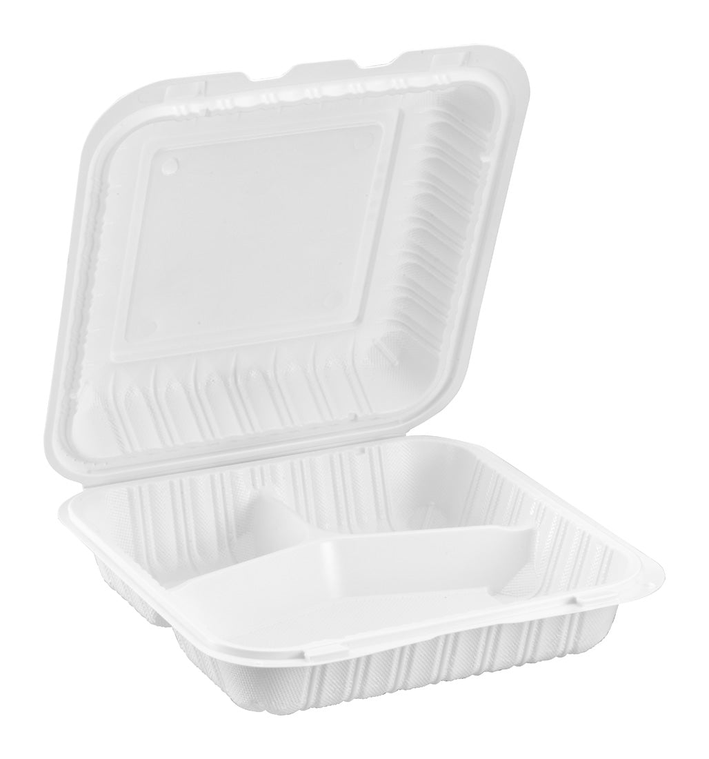 9" x 9" 3-Compartment Ventilated Microwaveable Mineral-Filled Plastic Hinged Take-Out Container - 150/Case